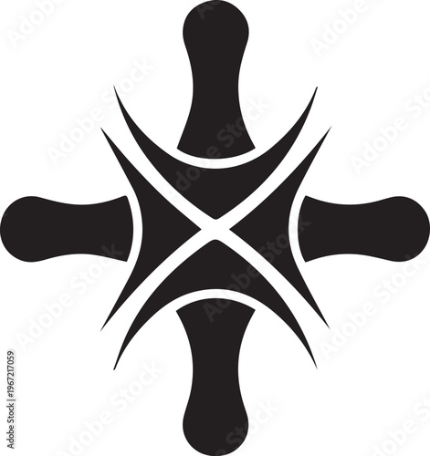 Abstract Emblem: A simple, symmetrical, black graphic emblem, with four radiating arms connected at a central point. A visual representation of balance and harmony.