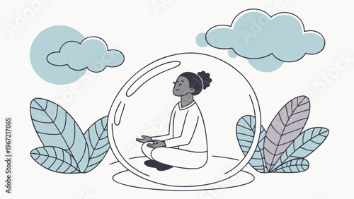 Mental wellness meditation concept with person sitting in lotus pose inside protective bubble surrounded by nature elements minimal illustration