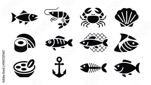 Collection of diverse seafood and nautical vector icons featuring fish shrimp crab sushi rolls anchor and seashells ideal for culinary and maritime branding applications