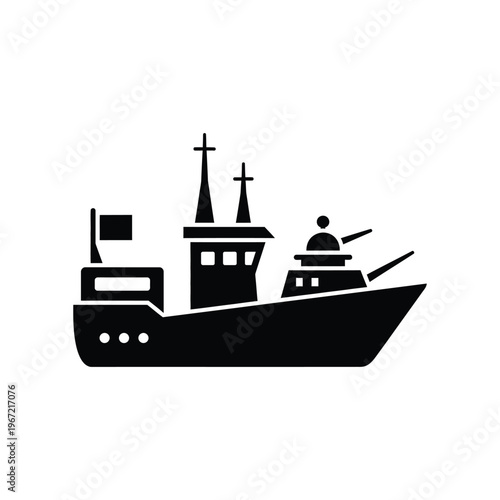 Minimalist black silhouette icon of a modern naval warship with artillery turrets for military defense and maritime security concepts