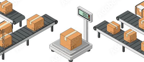 Isometric Logistics Warehouse Scene with Cardboard Boxes on Conveyor Belts and Industrial Scale for Weighing Shipments