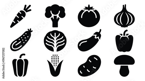 Collection of diverse fresh vegetable silhouettes including a carrot broccoli tomato onion cucumber cabbage eggplant bell pepper corn potato and mushroom arranged in a clean grid