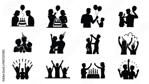 Diverse silhouette collection celebrating joyful moments with families and friends at parties birthdays and gatherings featuring balloons cakes and festive hats in dynamic poses