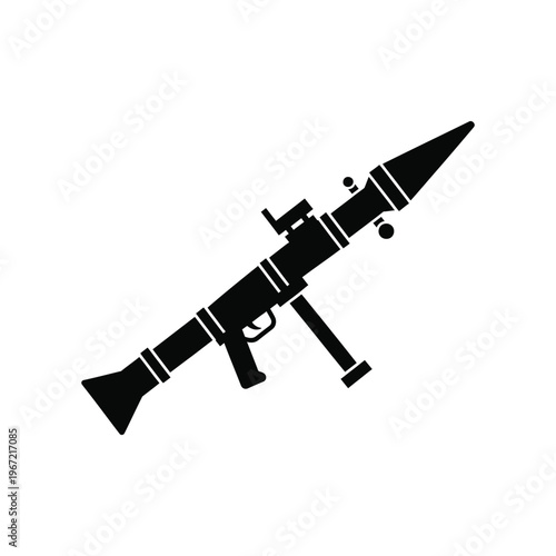 Black silhouette of a rocket propelled grenade launcher isolated on a white background for military defense and tactical combat concepts