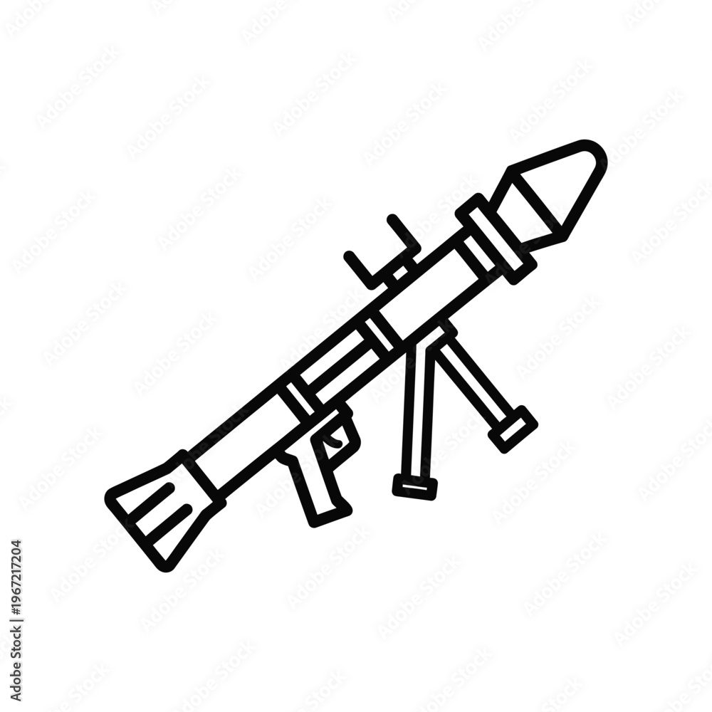 Fototapeta premium Minimalist black line icon of a rocket propelled grenade launcher or anti-tank weapon isolated on white background for military defense and tactical gaming concepts.