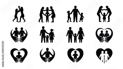 Diverse silhouette icons representing family unity love and support with abstract human figures within heart and hand graphics symbolizing connection and belonging