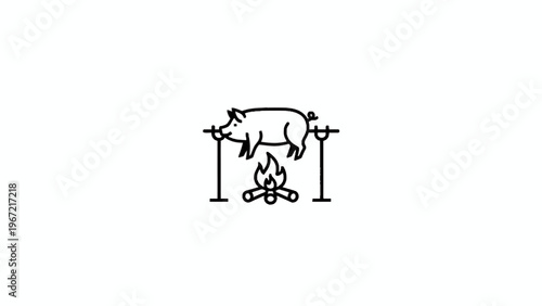 Roasting pig on spit over fire icon illustration