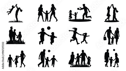 Diverse family silhouettes in playful outdoor scenes capturing joyful moments of childhood and parental connection presented in a clean vector icon collection for modern design