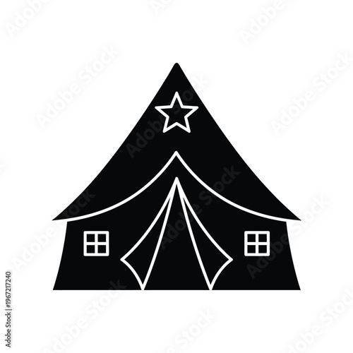 Minimalist black circus tent silhouette with a star on top and small windows, ideal for camping, festival, or outdoor event branding and web design.