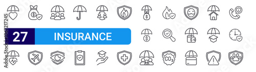 set of 27 thin line insurance icons such as insurance, health insurance, travel agent, eye umbrella, privacy policy, peer to peer. editable stroke vector illustration isolated on white