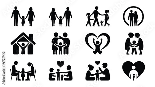 Family love icons set black silhouettes on white background symbolizing relationships and togetherness in various scenes