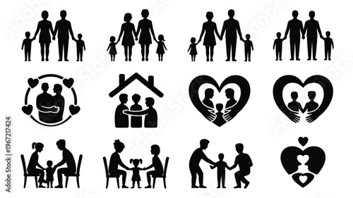 Diverse family unit silhouettes representing love unity and protection through various domestic and affectionate scenarios with children and adults in black and white vector