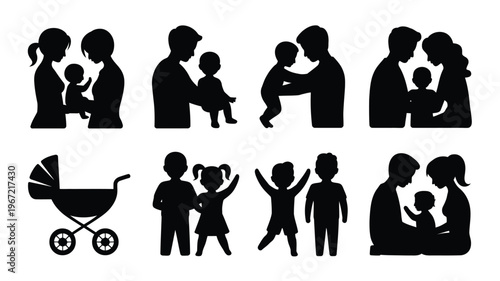 Diverse family silhouettes bundle parents holding children baby stroller and joyful kids poses representing love care and childhood moments on white background
