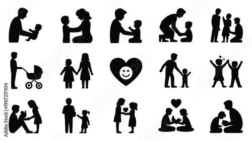 Diverse family silhouette icons collection showcasing parental love care and child development moments with parents and children interacting in various affectionate poses