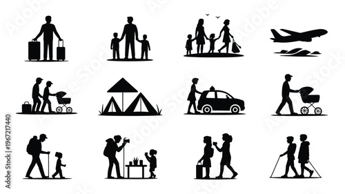 Diverse family and travel silhouette icons representing various activities like airport journeys camping trips family strolls and outdoor adventures conveying freedom