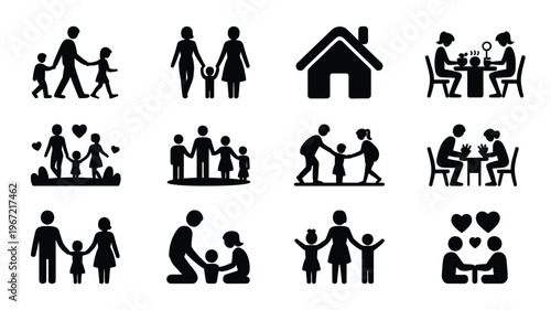 Diverse family lifestyle icons showcasing parental care togetherness and domestic scenes including single parents couples with children and household symbols presented in a clean