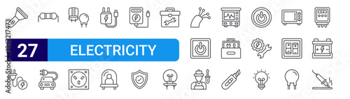 set of 27 thin line electricity icons such as torch, cable, resistor, car, capacitor, electric socket, adapter, diode, power bank. editable stroke vector illustration isolated on white