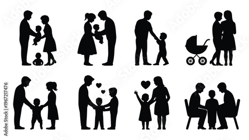 Diverse family silhouettes depicting nurturing moments parents holding babies children playing and family togetherness symbolizing love care and generational bonds in simple black
