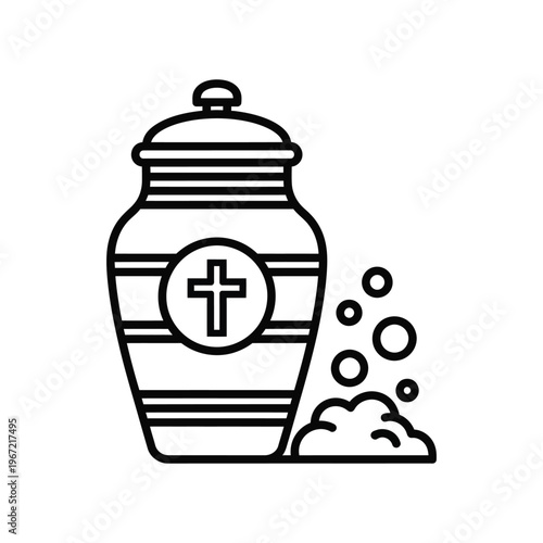 Minimalist Christian cremation urn icon with cross and ashes for funeral service and memorial design
