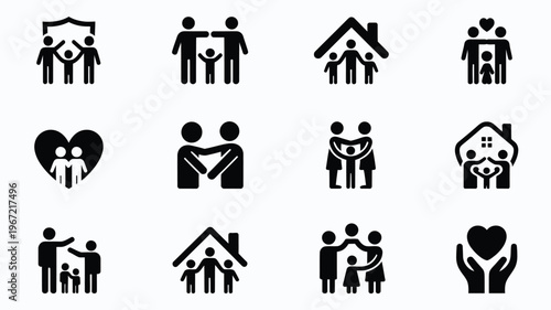 Diverse collection of black family and community icons representing love protection home and unity arranged in a grid for graphic design projects and web applications
