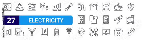 set of 27 thin line electricity icons such as pcb board, switcher, electrical danger, tester, circuit board, fan, plug, book, intensity. editable stroke vector illustration isolated on white