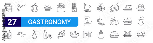 set of 27 thin line gastronomy icons such as flour, sauces, shrimp, sweet, pepper, pear, caviar, oil bottle, cinnamon roll. editable stroke vector illustration isolated on white