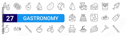 set of 27 thin line gastronomy icons such as avocado, orange, kiwi, fruits,, skewer, napkin, rice bowl, potato. editable stroke vector illustration isolated on white