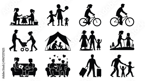 Diverse silhouette family and people icons collection representing various activities and relationships perfect for lifestyle and community concepts business graphics and modern