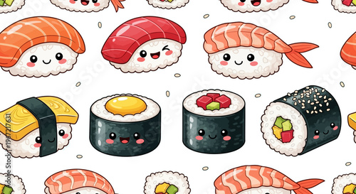 A colorful pattern of cartoon sushi rolls and nigiri on a blue background