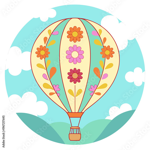 Colorful hot air balloon with flowers in the sky with clouds