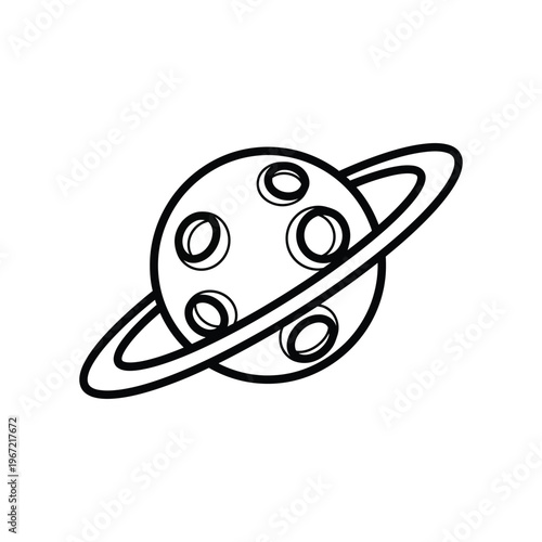 Minimalist black and white line art illustration of a ringed planet with craters for educational astronomy projects and children's coloring activities