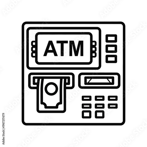 Modern minimalist line icon of an automated teller machine dispensing a banknote, representing banking services, cash withdrawals, and financial transactions for personal finance.