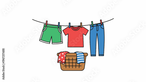 Hanging Laundry on Clothesline and Basket Vector Illustration