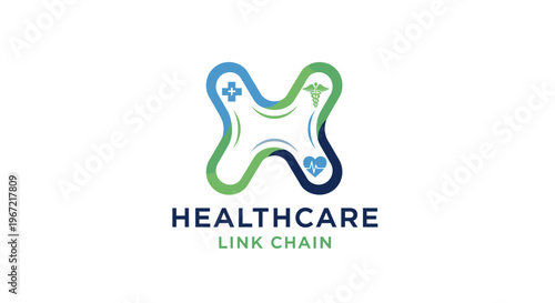 Modern healthcare network logo design with interconnected medical symbols representing health, connection, and integrated services