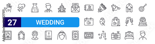 set of 27 thin line wedding icons such as hand, wedding, honeymoon, decoration, wedding, groom, bible, building. editable stroke vector illustration isolated on white