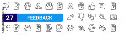 set of 27 thin line feedback icons such as bad, customer, asking, live, comment, appreciation, smaile, testimonial, email. editable stroke vector illustration isolated on white