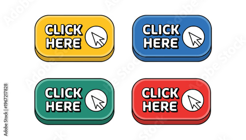 A colorful set of click here buttons in different shapes and sizes