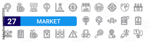 set of 27 thin line market research icons such as qualitative research, feasibility, cost, survey, public opinion, cost, primary, usability, margin. editable stroke vector illustration isolated on