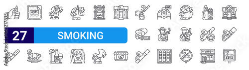 set of 27 thin line smoking icons such as lighter, electronic cigarette, nicotine patch, cup, heart, wine, lungs, book, bin. editable stroke vector illustration isolated on white