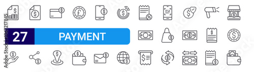 set of 27 thin line payment icons such as profit, payment, bill, share, atm card, region, coin, save money, online payment. editable stroke vector illustration isolated on white