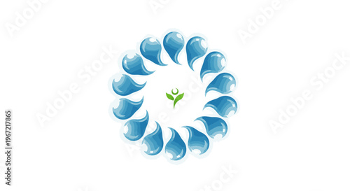 Circular arrangement of blue water droplets surrounding a green human-like sprout icon, symbolizing purity, wellness, nature, and sustainability.