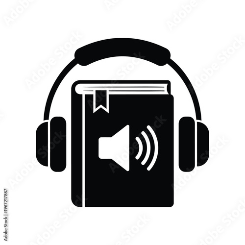 Minimalist black and white audiobook icon featuring a book with headphones and sound symbol for digital literature and online education concepts