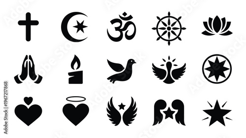 Collection of diverse religious and spiritual symbols silhouettes including christian cross islamic crescent om dharma wheel lotus flower praying hands candle dove star of david