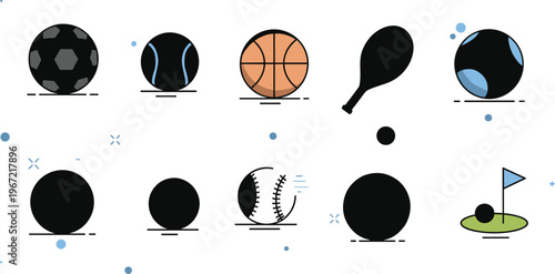 Sports equipment icons set with tennis baseball golf basketball soccer rackets balls and athletic game illustration collection