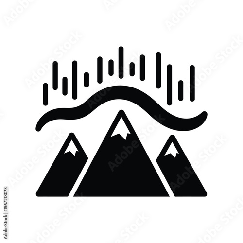 Minimalist black icon of the Northern Lights shimmering over snow-capped mountain peaks, representing Arctic adventure and Nordic nature tourism.