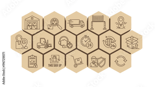 A collection of ESD safe handling icons on wooden hexagons