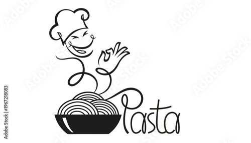 A simple black and white illustration of a bowl of pasta