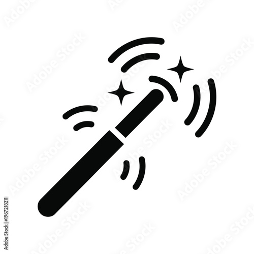 Minimalist black magic wand icon with sparkling stars and motion effects for fantasy themes, creative editing tools, and magical transformations.