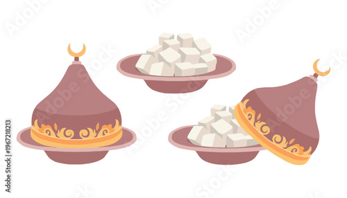 A traditional tagine cooking pot with food in a vector illustration style
