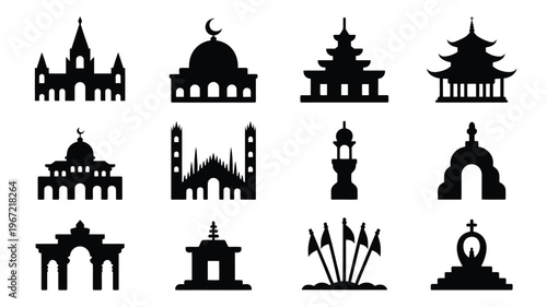 Diverse collection of silhouette architectural landmarks and cultural symbols representing global heritage religious sites and historical monuments in a clean vector graphic style